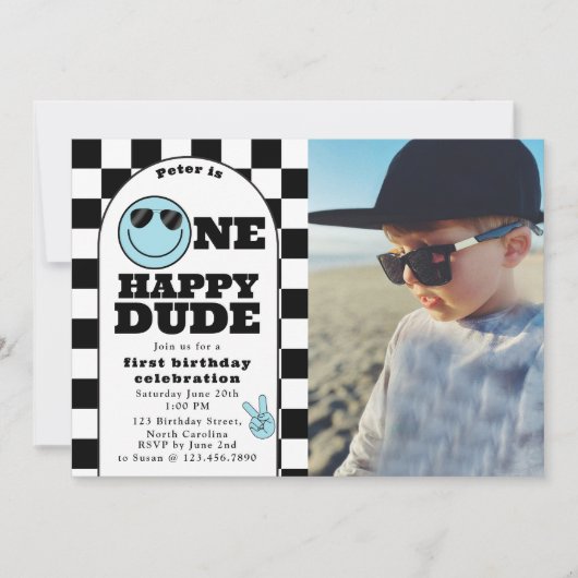 One Happy Dude Invite 1st First Birthday Boy Photo Einladung (Vorderseite)