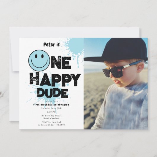 One Happy Dude Invite 1st First Birthday Boy Photo Einladung (Vorderseite)