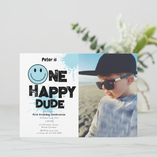 One Happy Dude Invite 1st First Birthday Boy Photo Einladung (Stehend Vorderseite)