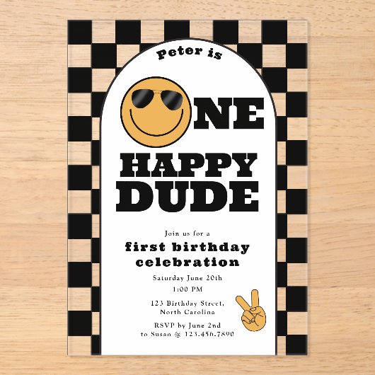 One Happy Dude Invite 1st First Birthday Cute Boy Acryleinladungen (Vorderseite)
