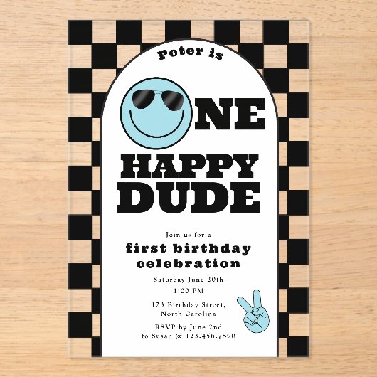 One Happy Dude Invite 1st First Birthday Cute Boy Acryleinladungen (Vorderseite)
