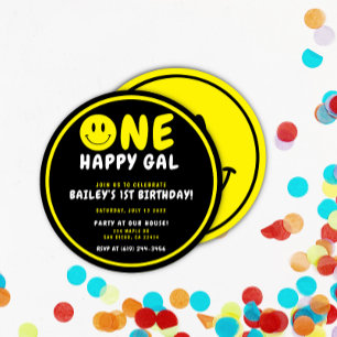 One Happy Gal 1. Geburtstag Black/Yellow Smiley Einladung
