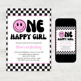 One Happy Girl Pink Happy Face Birthday Einladung