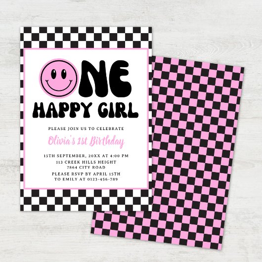 One Happy Girl Pink Happy Face Birthday Einladung