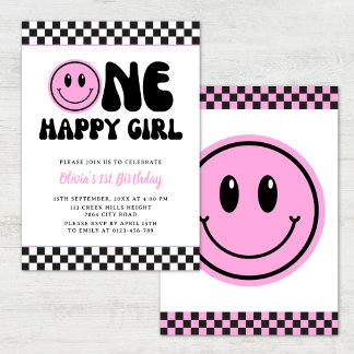 One Happy Girl Pink Happy Face Birthday Einladung