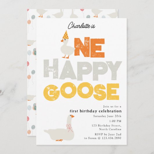 One Happy Goose Invite 1st First Birthday Cute Einladung (Vorne/Hinten)