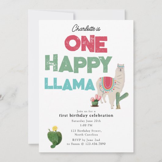 One Happy Llama Invite 1st Girl Birthday Einladung (Vorderseite)