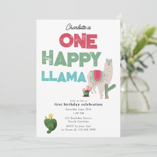 One Happy Llama Invite 1st Girl Birthday Einladung (Stehend Vorderseite)