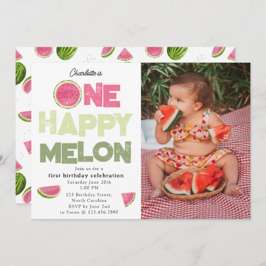 One Happy Melon 1st Summer Birthday Photo Einladung (Vorne/Hinten)