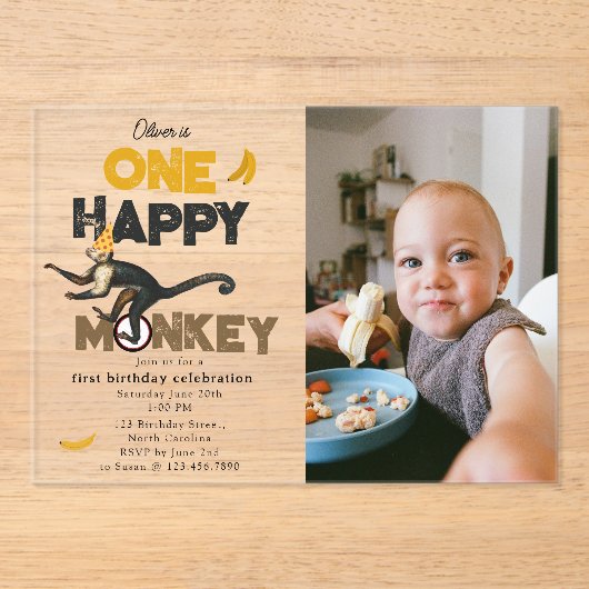 One Happy Monkey Cute 1st First Birthday Photo Acryleinladungen (Vorderseite)