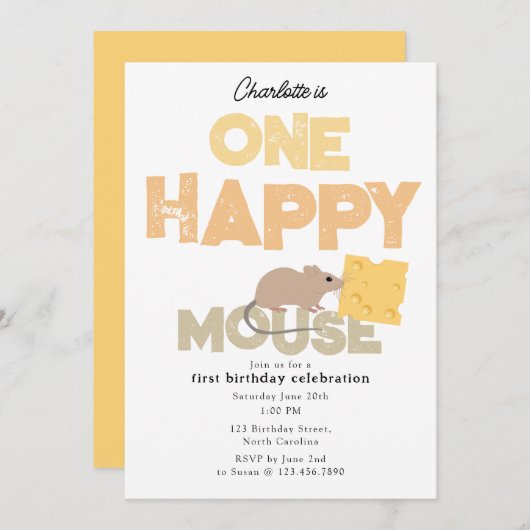 One Happy Mouse Invite 1st Cute Birthday Einladung (Vorne/Hinten)