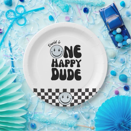 One Happy Typ Blue Happy Face Birthday Pappteller (Party)