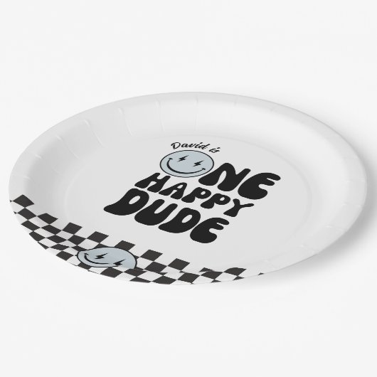 One Happy Typ Blue Happy Face Birthday Pappteller (Schrägansicht)