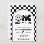 One Happy Typ Blue Happy Face Boy Birthday Einladung (Vorderseite)