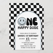 One Happy Typ Blue Happy Face Boy Birthday Einladung (Vorne/Hinten)