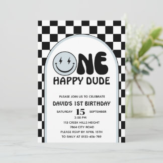 One Happy Typ Blue Happy Face Boy Birthday Einladung