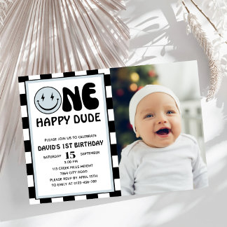 One Happy Typ Blue Happy Face Boy Birthday Foto Einladung