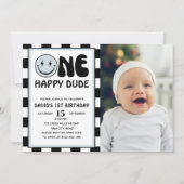 One Happy Typ Blue Happy Face Boy Birthday Foto Einladung (Vorderseite)