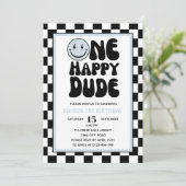 One Happy Typ Blue Happy Face Boy Erster Geburtsta Einladung (Stehend Vorderseite)