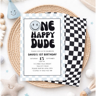 One Happy Typ Blue Happy Face Boy Erster Geburtsta Einladung
