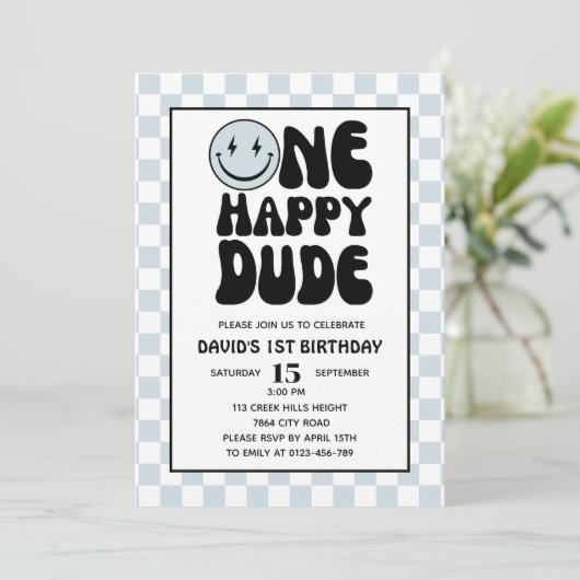 One Happy Typ Blue Happy Face Boy Erster Geburtsta Einladung (Stehend Vorderseite)