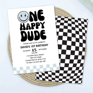 One Happy Typ Blue Happy Face Erster Geburtstag Einladung