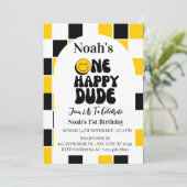 One Happy Typ Boy First Birthday Einladung (Stehend Vorderseite)