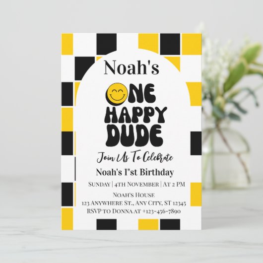 One Happy Typ Boy First Birthday Einladung (Stehend Vorderseite)