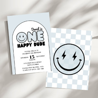 One Happy Typ Groovy Blue Boy Geburtstag Einladung