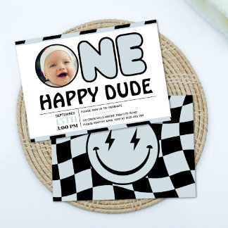 One Happy Typ Groovy Checkered Boy Birthday Foto Einladung