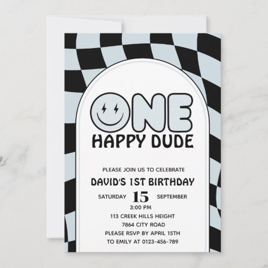 One Happy Typ Groovy Happy Face Boy Birthday Einladung (Vorderseite)