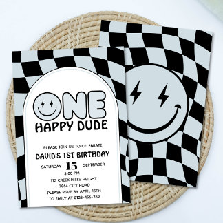 One Happy Typ Groovy Happy Face Boy Birthday Einladung