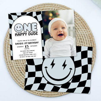 One Happy Typ Groovy Karo Foto Geburtstag Einladung