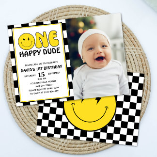 One Happy Typ Happy Face Boy Birthday Foto Einladung