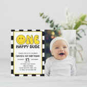 One Happy Typ Happy Face Boy Birthday Foto Einladung (Stehend Vorderseite)