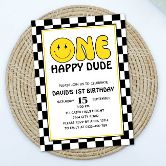 One Happy Typ Happy Face Boy Geburtstag Retro Einladung
