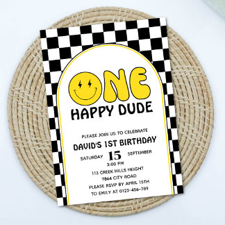 One Happy Typ Happy Face Boy Geburtstag Retro Einladung