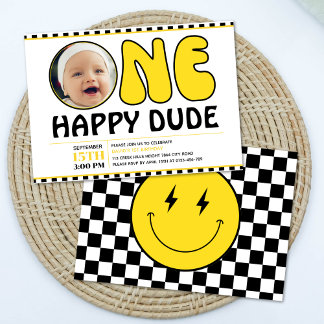 One Happy Typ Happy Face Karo Boy Birthday Foto Einladung