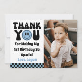 One Happy Typ Retro Boy 1. Geburtstag Party Foto Dankeskarte (Vorderseite)