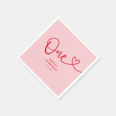 One Heart Calligraphy 1st Birthday Pink Red Serviette (Ecke)