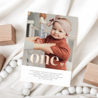 One Heart Foto Erstgeburtstag Rose Gold Folieneinladung