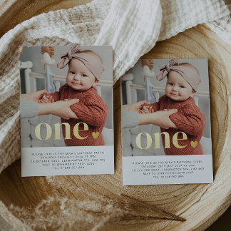 One Heart Foto First Birthday Gold Folieneinladung