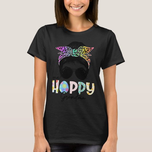 One Hoppy Grandma Leopard Messy Bun Easter Day T-Shirt (Vorderseite)