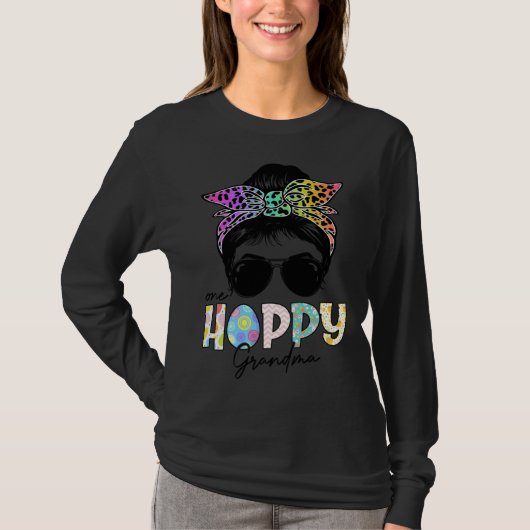 One Hoppy Grandma Leopard Messy Bun Easter Day T-Shirt (Vorderseite)