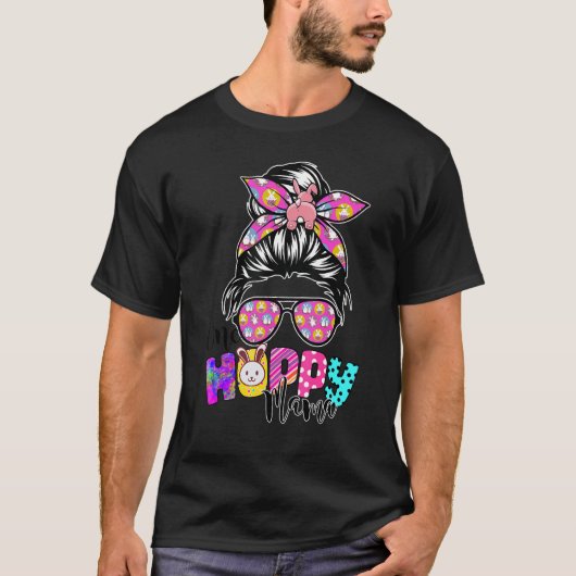One Hoppy Mama Messy Bun Leopard Happy Oaster Nied T-Shirt (Vorderseite)