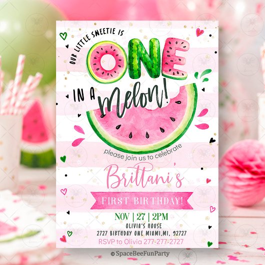 One In A Melon 1. Geburtstag Wassermelone  Einladung