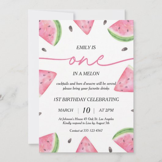 One In A Melon 1. Geburtstag Wassermelone Einladung (Vorderseite)