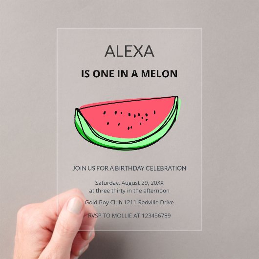 One in a Melon 1st Birthday Watermelon Birthday Acryleinladungen (Insitu (Handheld))