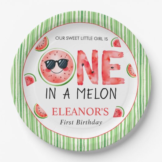 One in a melon 1st birthday watermelon party pappteller (Vorderseite)