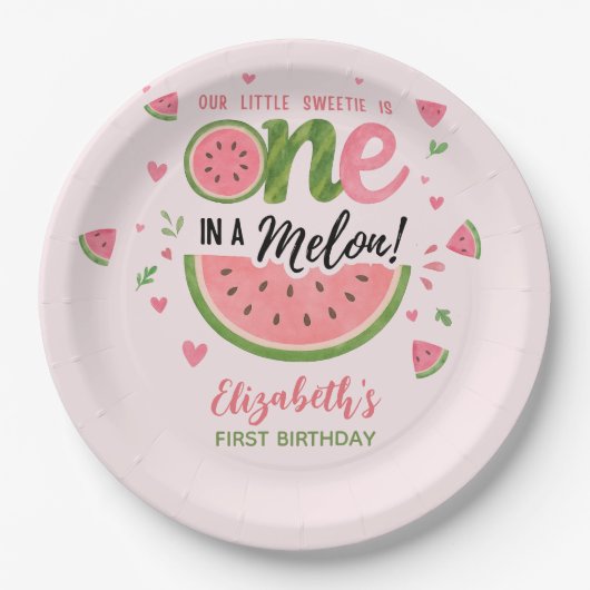 One in a Melon Adorable First Birthday Girl Pappteller (Vorderseite)